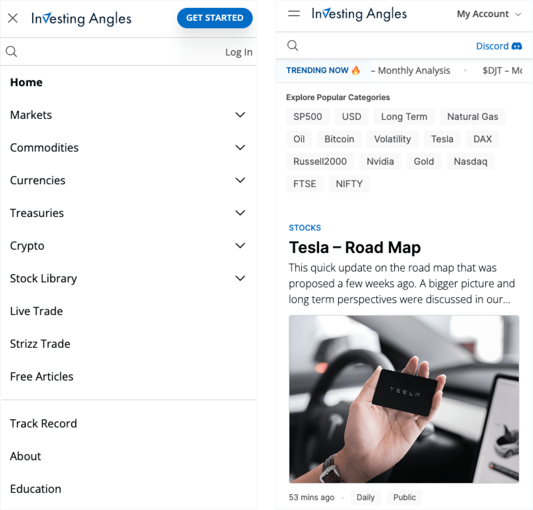 Two screenshots of redesigned investingangles.com on mobile device: first image is with an open menu, second image is home page with blog posts.