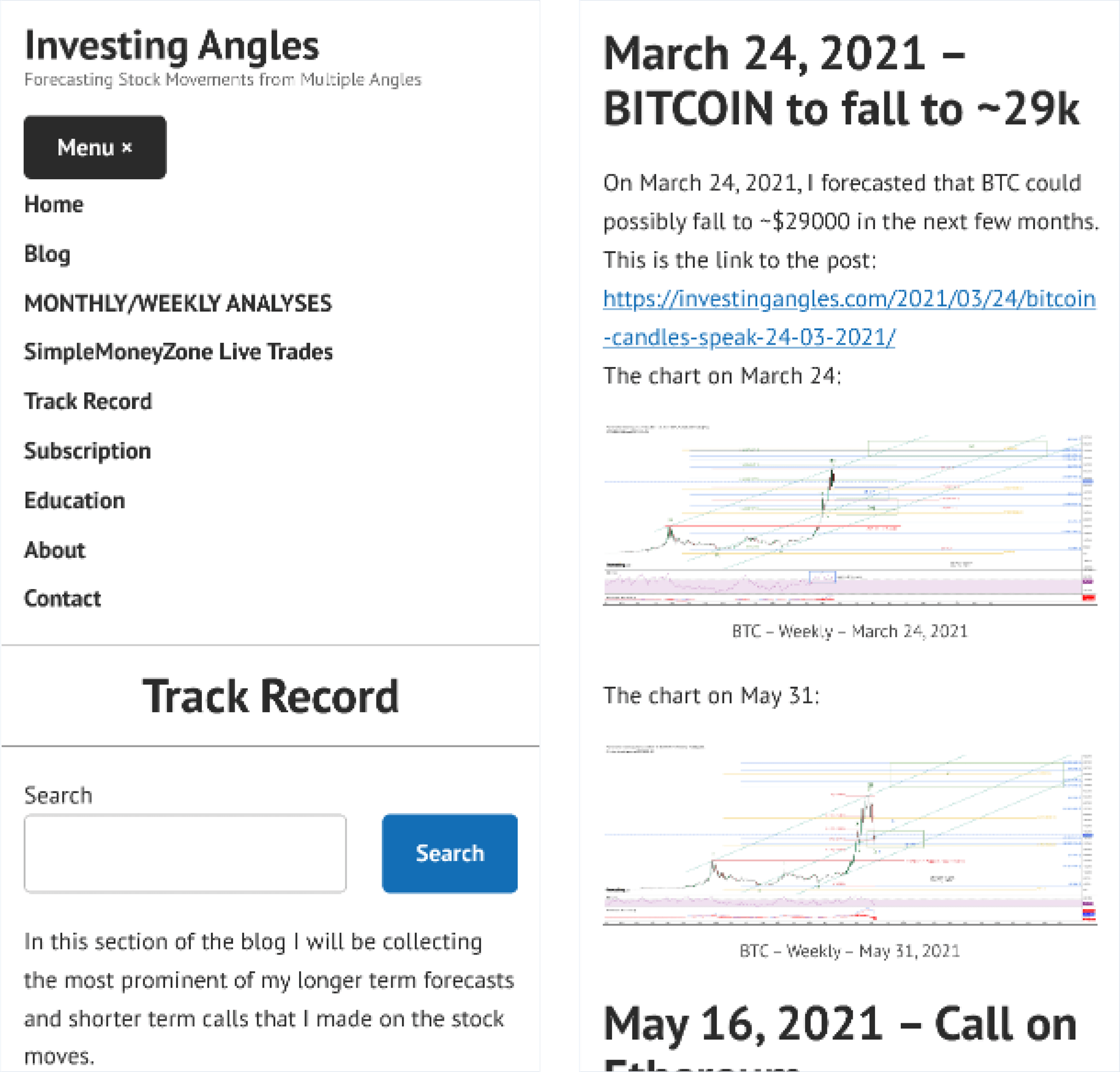 Two screenshots of investingangles.com on mobile device: first image is with an open menu, second image is home page with blog posts.