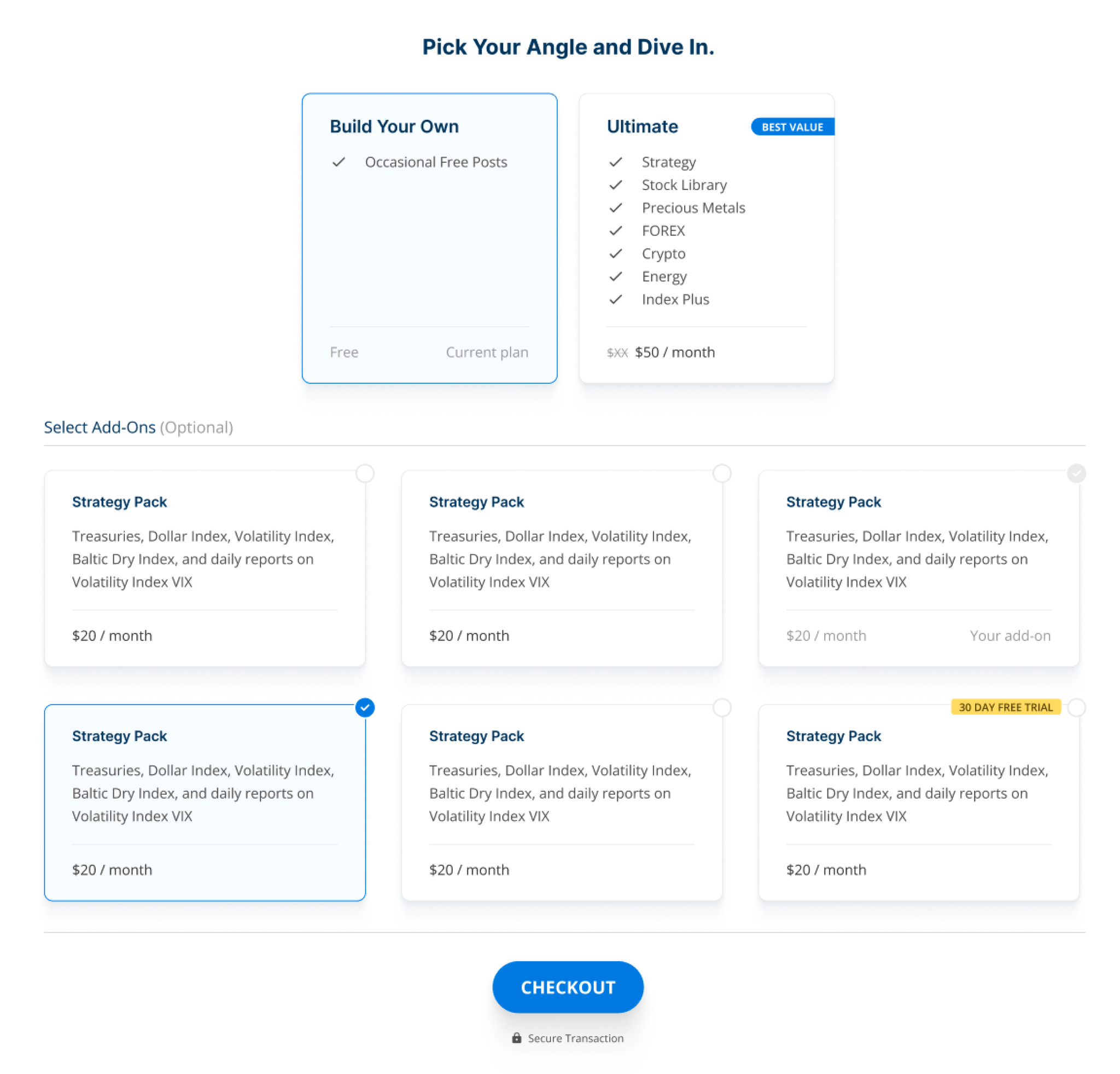 Second version of subscription page with add-ons for one of the packages at investingangles.com.