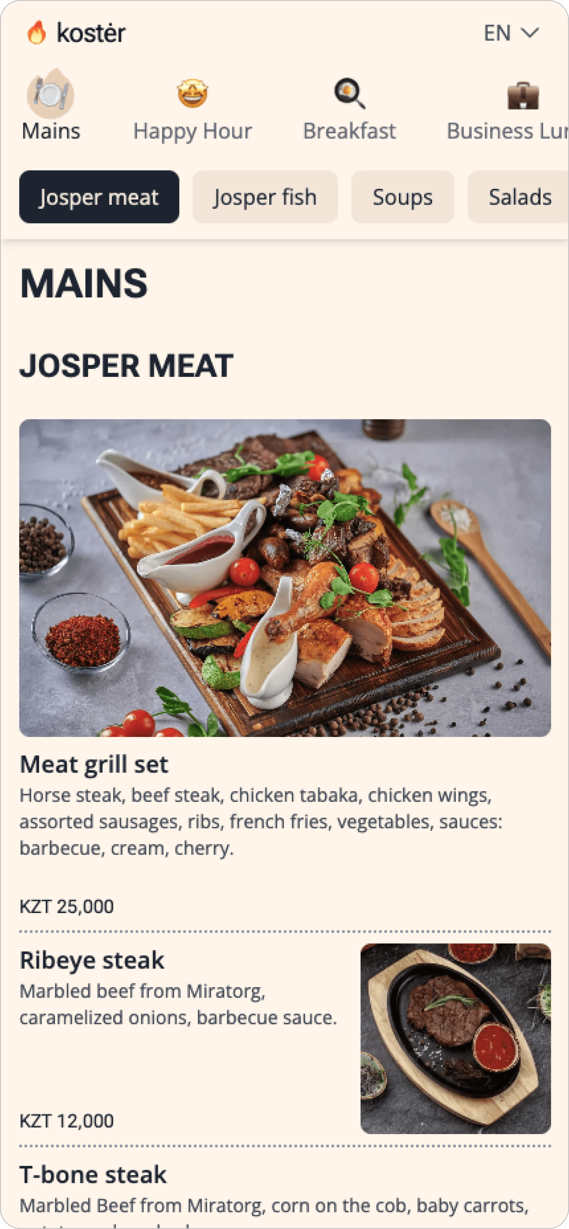 A screenshot of an online menu for Restaurant Koster.